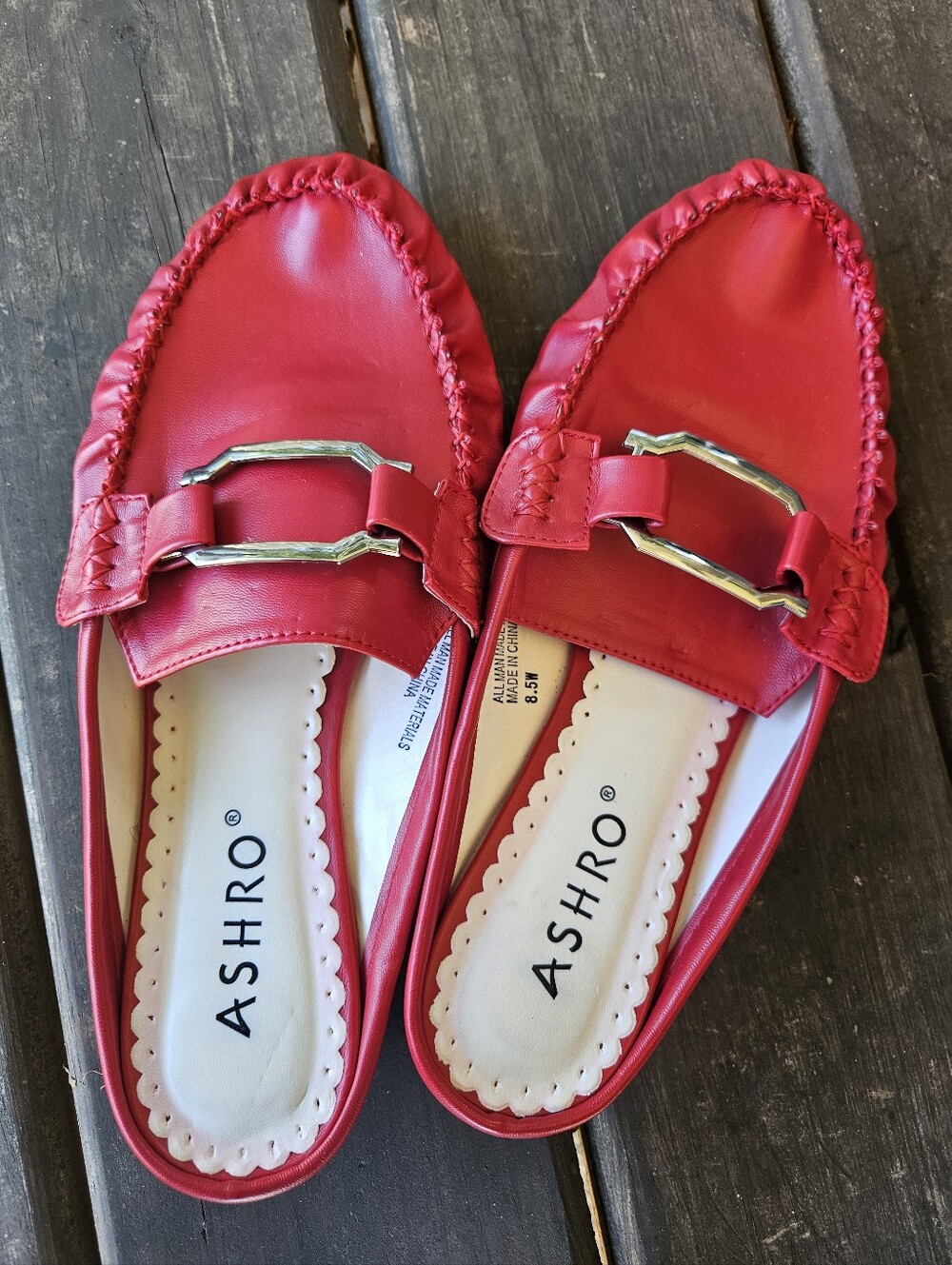 Ashro Rush Hour Red Slip On Mule Loafers Gold Buckle Comfort Shoes 8.5W